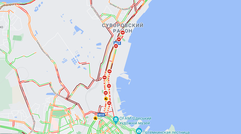 Какая обстановка на дорогах Одессы 22 июля 2021 года. Карта: Google