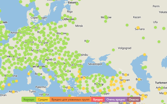Нечем дышать: Одесса входит в пятерку самых "грязных" городов Украины. Карта: iqair.com