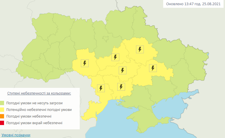 26 августа 2021 года в Одессе объявили штормовое предупреждение. Карта: Украинский гидрометеорологический центр