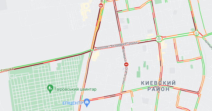 Пробки в Одессе на улицах Академика Глушка, Инглези, Космонавта Комарова, Академика Вильямса 26 августа 2021 года. Фото: Google Map