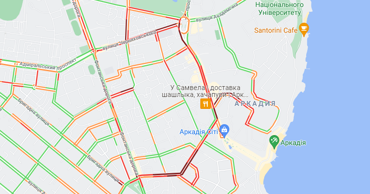 Пробки в Аркадии на улице Черняховского, Генуэзской и Посмитного 26 августа 2021 года. Фото: Google Map