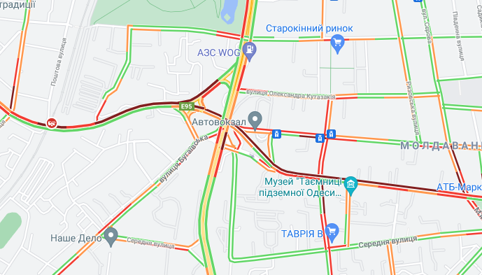 Пробка на улице Разумовской в Одессе 26 августа 2021 года. Фото: Google Map