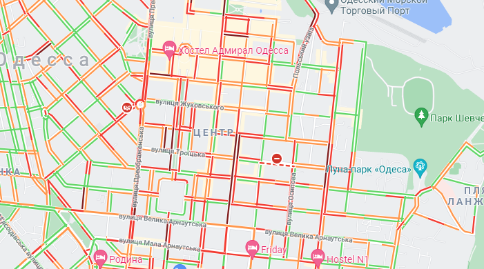 Пробки в центре Одессы 26 августа 2021 года. Карта: Google Map