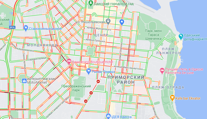 Ситуация на дорогах Одессы утром 2 февраля. Карта: GoogleMap