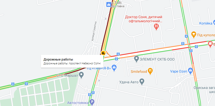 Пробка в Киевском районе Одессы. Карта: Google