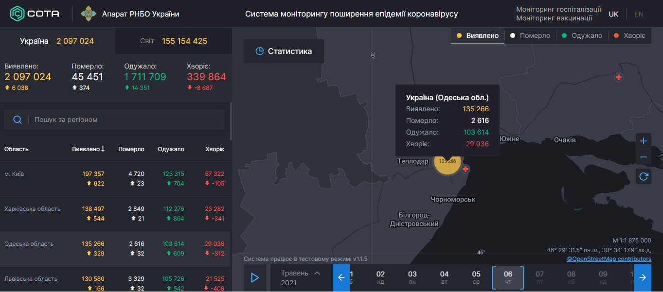Коронавирус в Одесской области: статистика на 6 мая 2021 года. Скриншот: covid19.rnbo.gov.ua