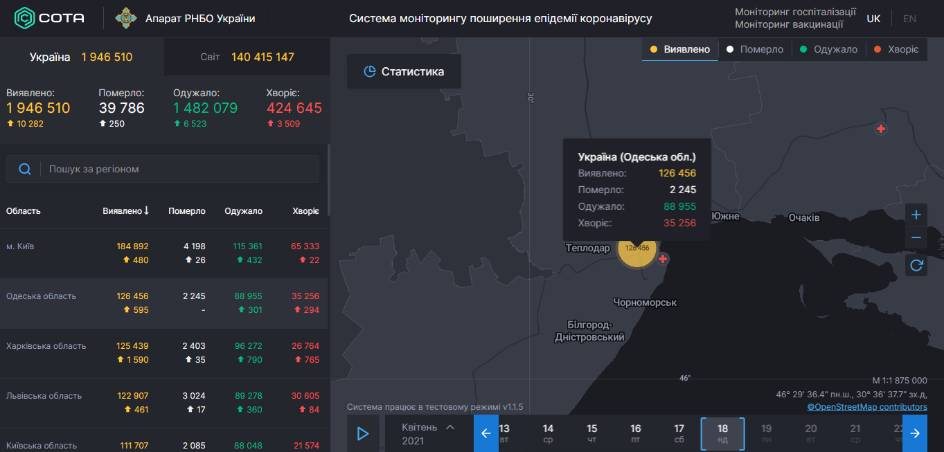 Коронавирус в Одесской области: статистика на 18 апреля 2021 года. Скриншот: covid19.rnbo.gov.ua