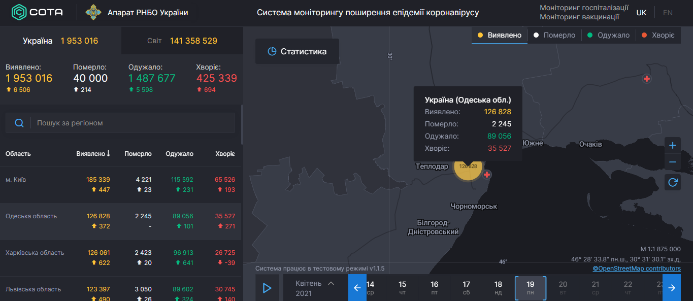 Коронавирус в Одесской области: статистика на 19 апреля 2021 года. Скриншот: covid19.rnbo.gov.ua