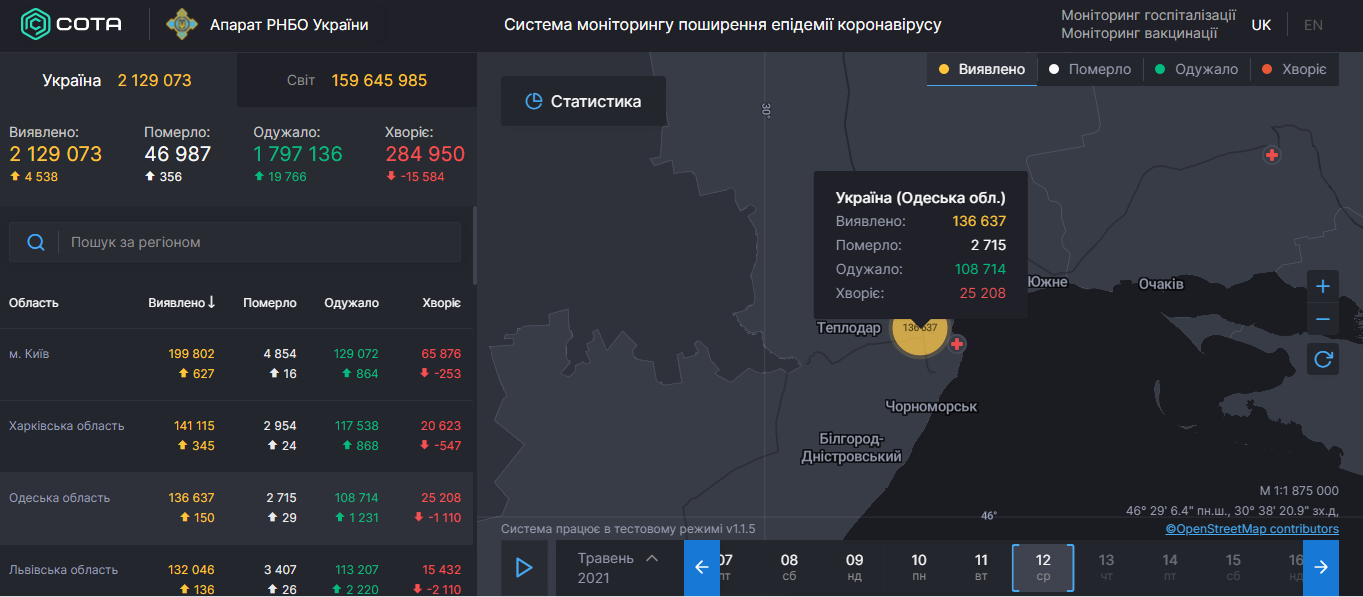 Коронавирус в Одесской области: статистика на 12 мая 2021 года. Скриншот: covid19.rnbo.gov.ua