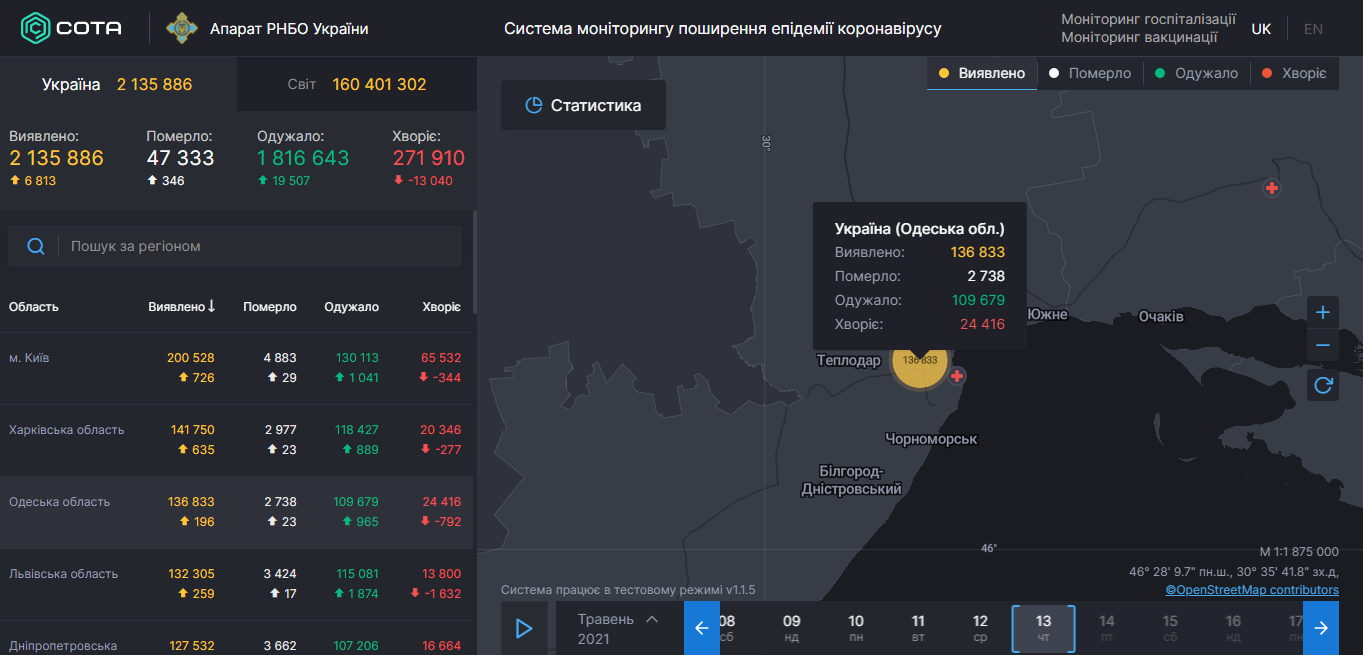 Коронавирус в Одесской области: статистика на 12 мая 2021 года. Скриншот: covid19.rnbo.gov.ua 