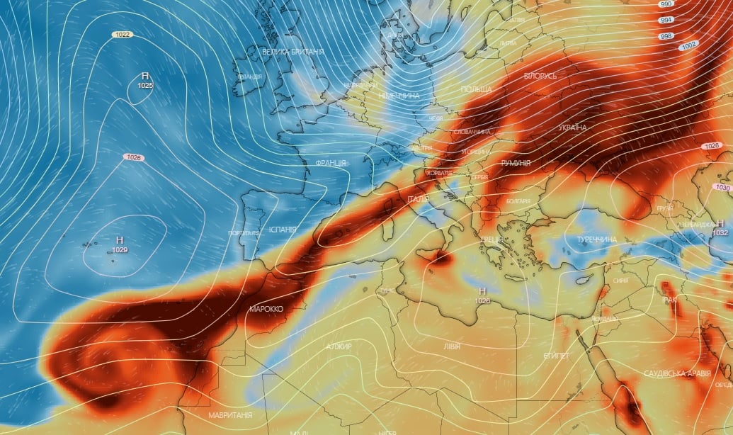 Карта перемещения воздушных масс с повышенным уровнем концентрации диоксида серы SO2