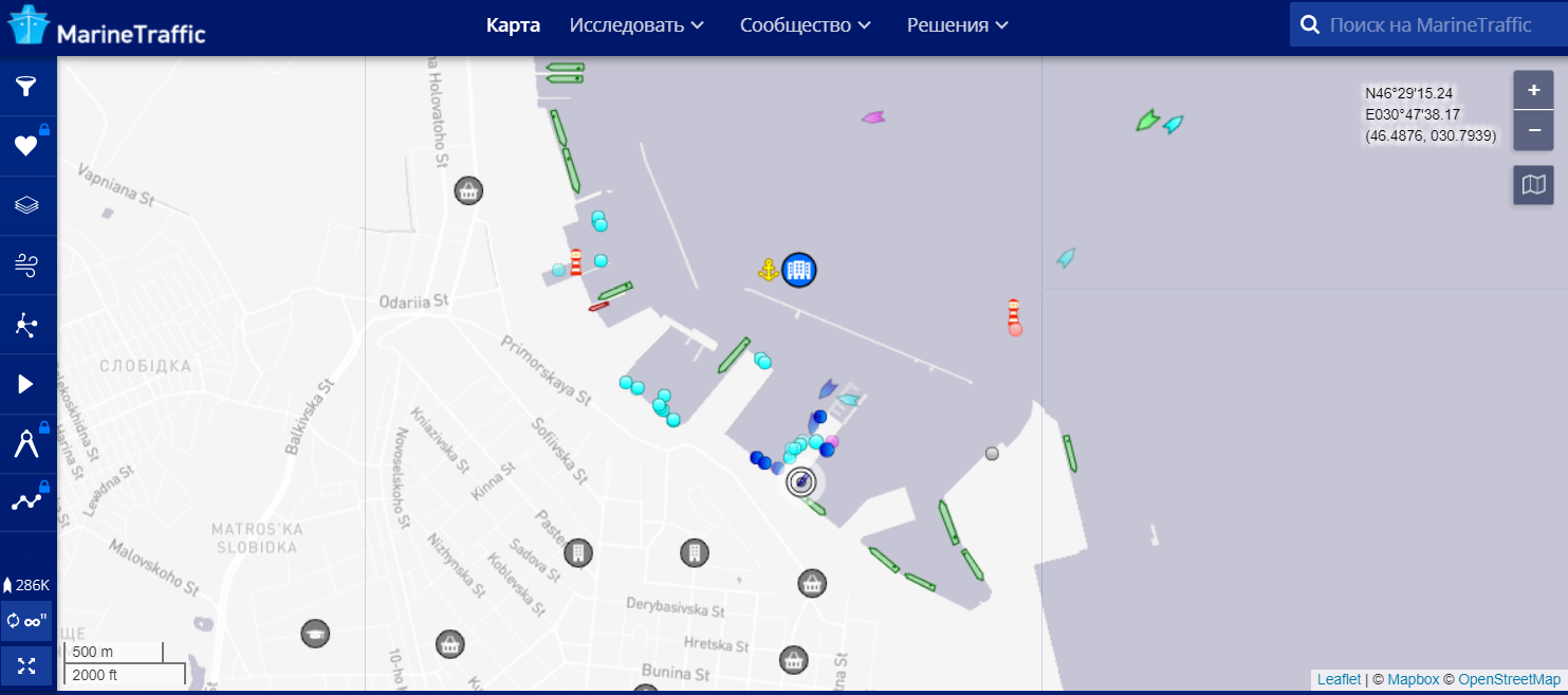 Местонахождение судна SeaDream II в акватории Одессы. Скриншот: marinetraffic.com