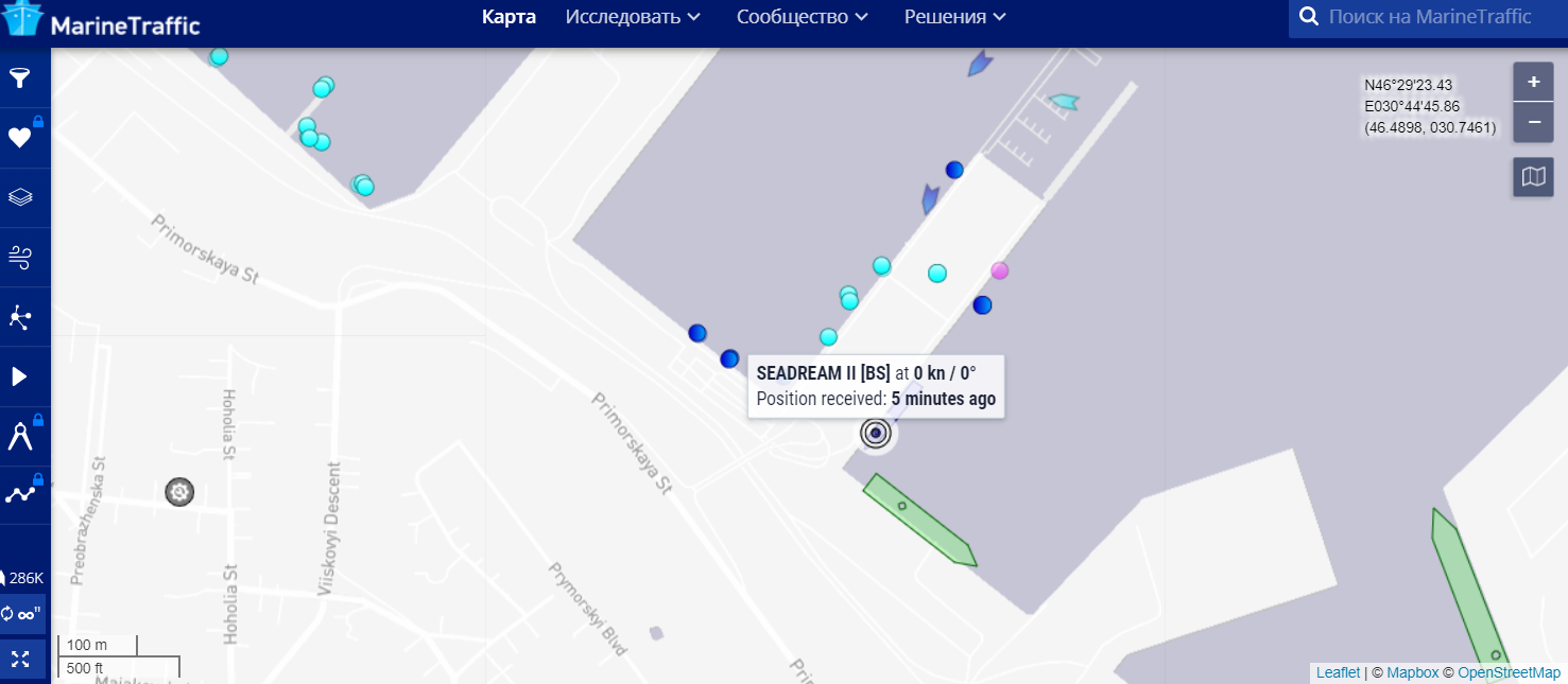 Местонахождение судна SeaDream II в акватории Одессы. Скриншот: marinetraffic.com