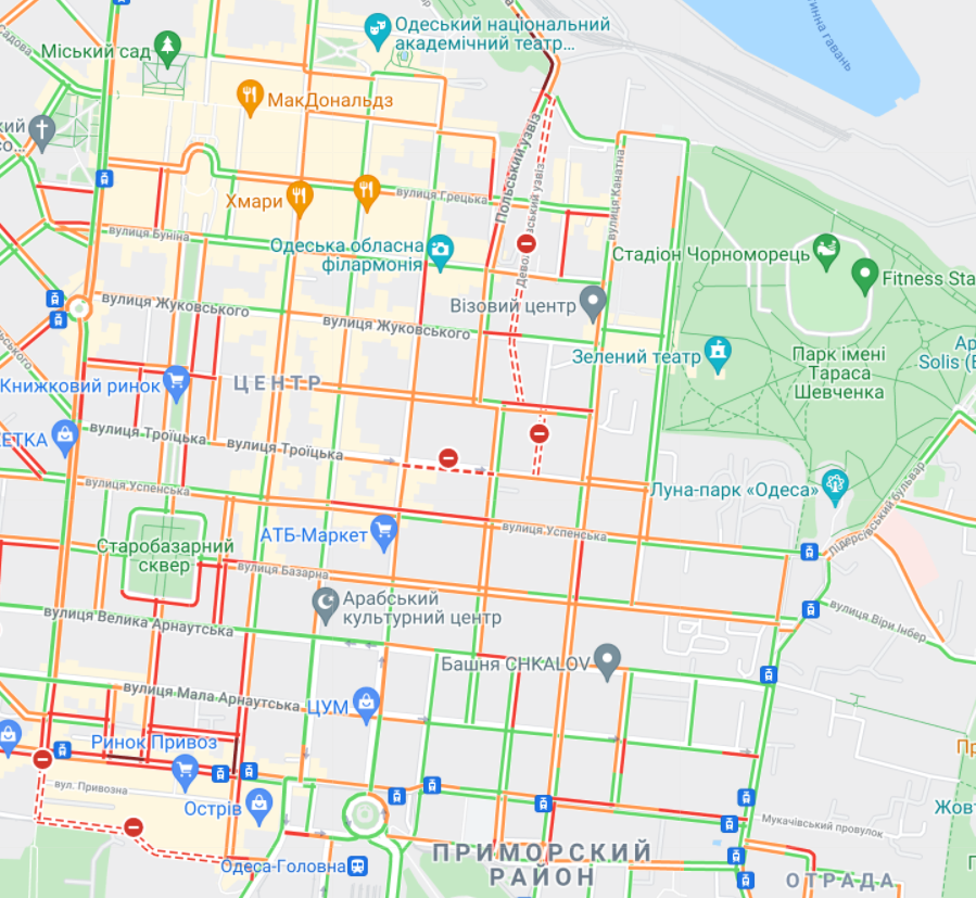 Где в Одессе пробки 29 октября 2021 года. Фото: google.com/maps
