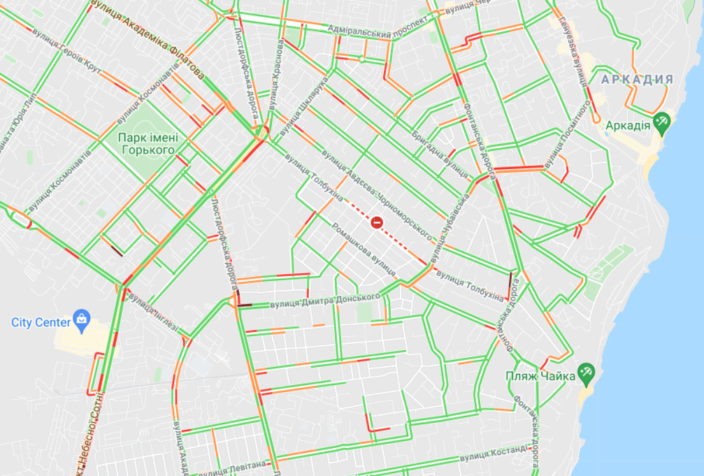 Где в Одессе пробки 29 октября 2021 года. Фото: google.com/maps
