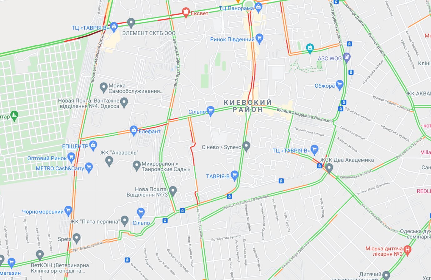 Где в Одессе пробки 29 октября 2021 года. Фото: google.com/maps