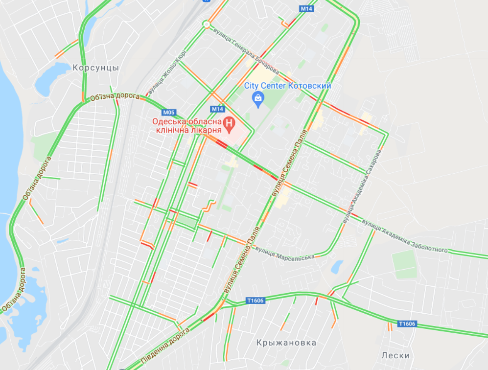Где в Одессе пробки 29 октября 2021 года. Фото: google.com/maps