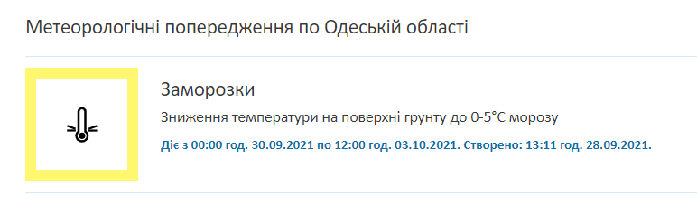С 30 сентября в Одессе будут заморозки. Скриншот: Укргидрометцентр