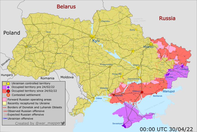 Карта боевых действий на Украине 30 апреля.