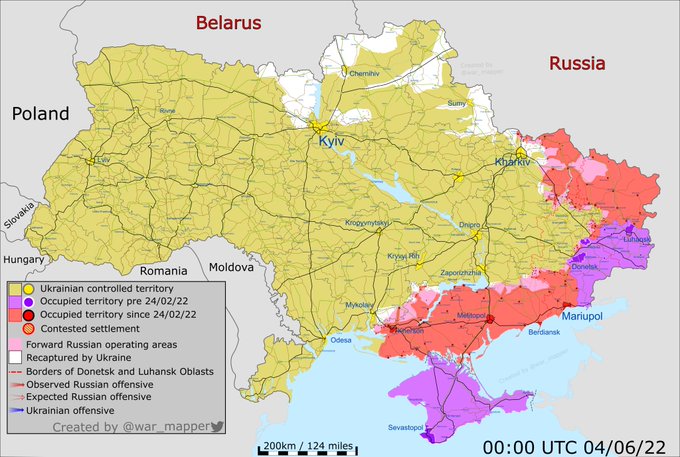 Карта боевых действий в Украине 4 июня.