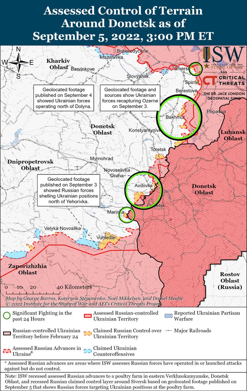 Карта боевых действий на Украине 6 сентября.