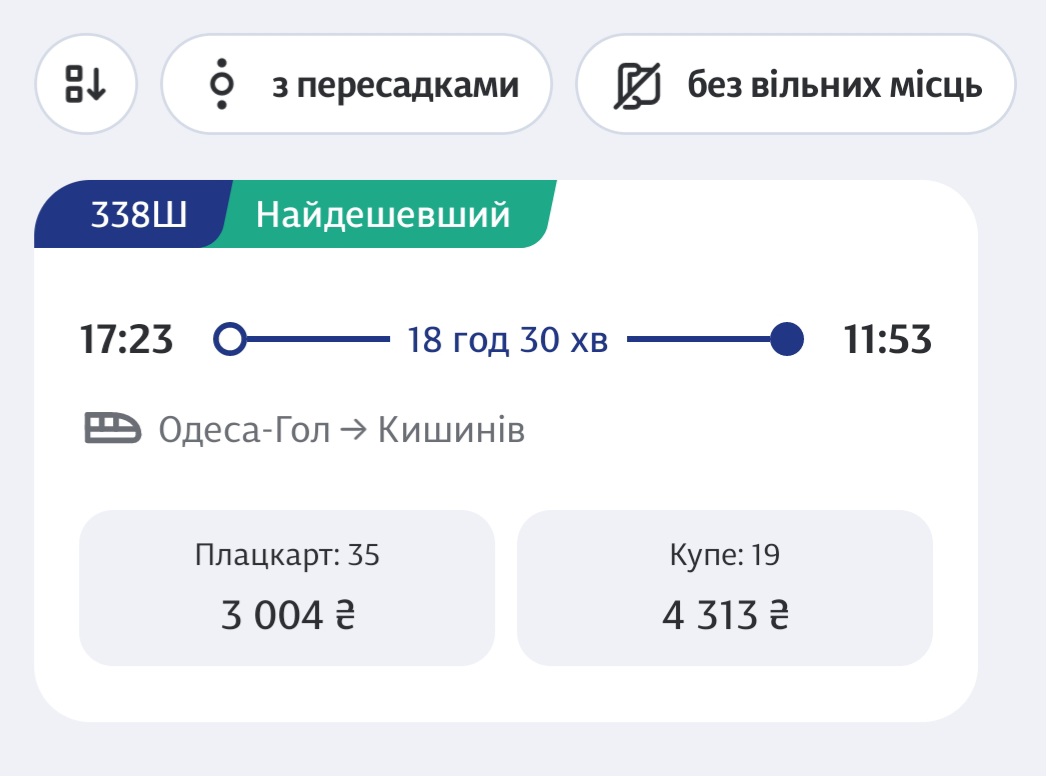 Стоимость билетов на поезд в Кишинев.