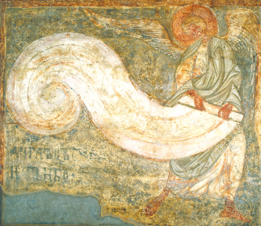"Ангел, що звиває небо". Сцена із композиції "Страшний суд". Фреска Кирилівської церкви, XII століття