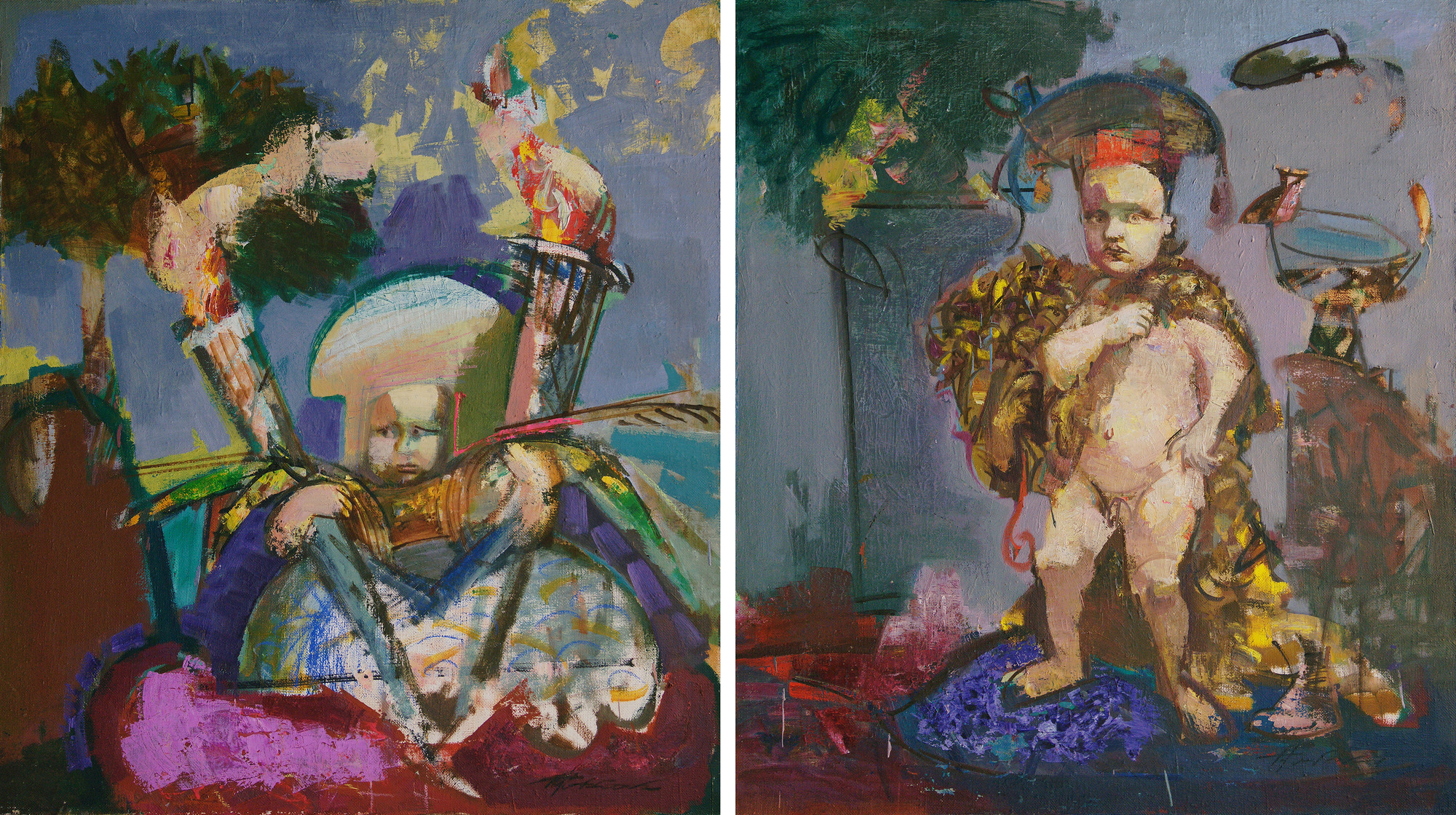 Василий Рябченко. "Его малышка" и "Самсончик". Из цикла "Героические пупсики", 80 х 60 см (каждая), холст, масло, 1989 год