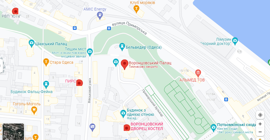 Воронцовський палац на карті Одеси.