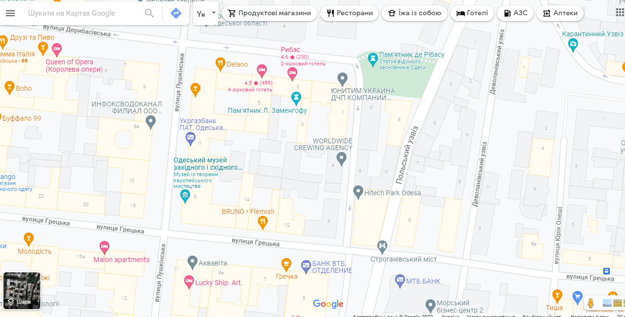 Строгановский мост на карте Одессы.