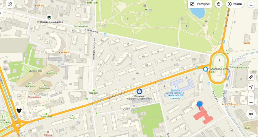Улица Черняховского на карте Одессы.