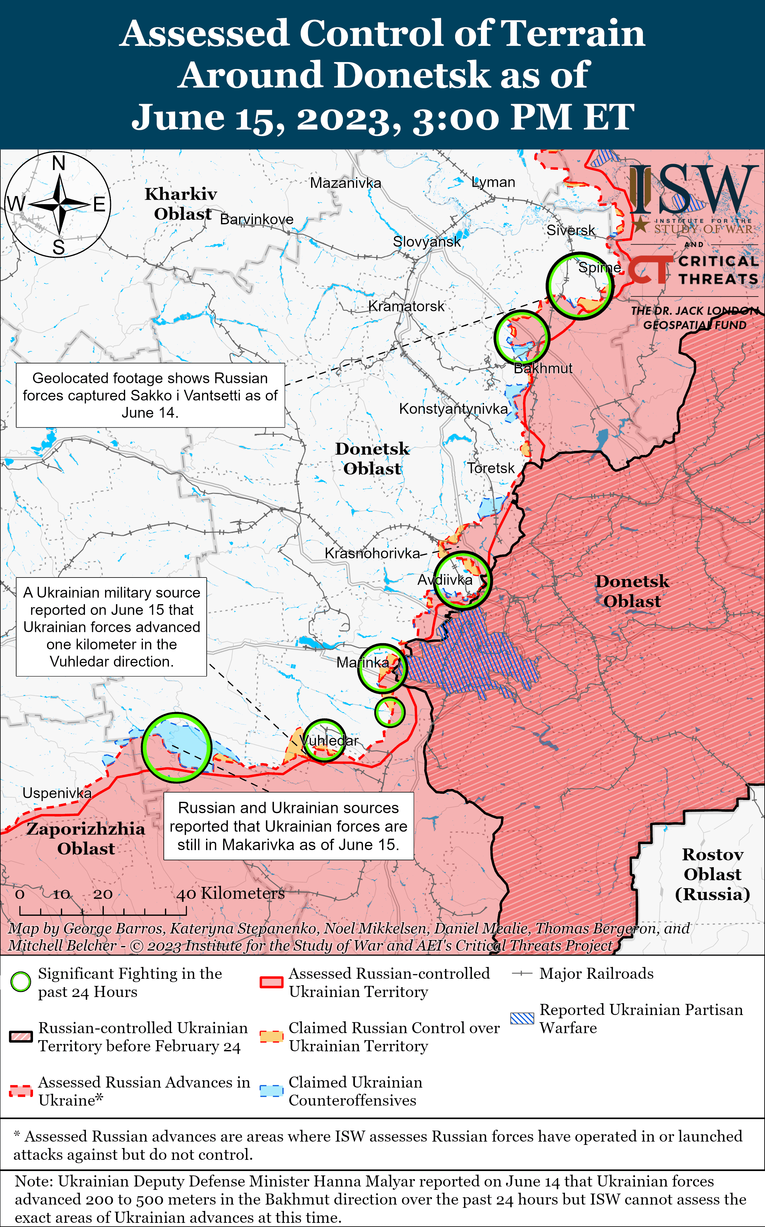 Карта боевых действий на Украине 16 июня. Фото: ISW