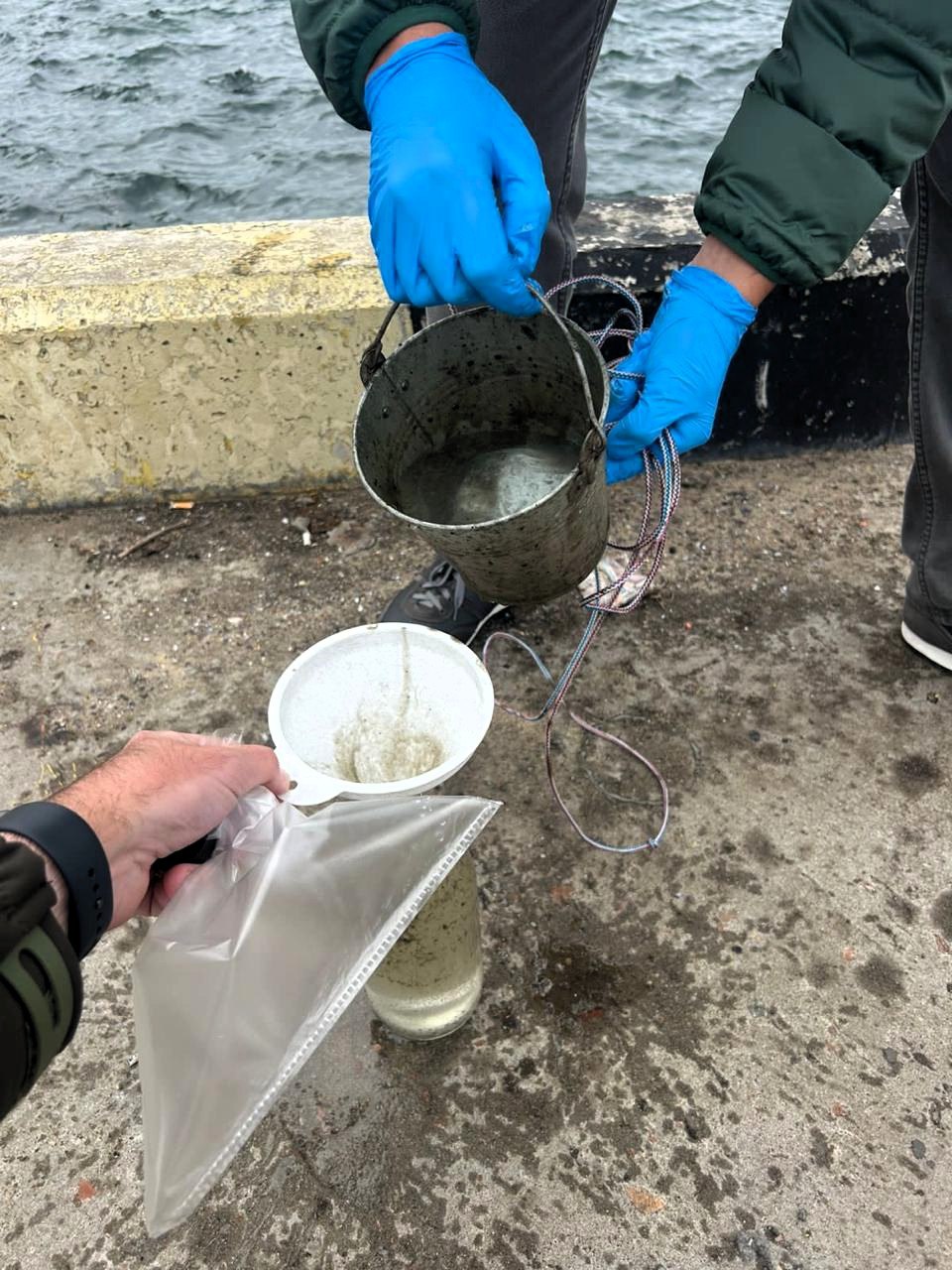 Екологи відбирають проби води.