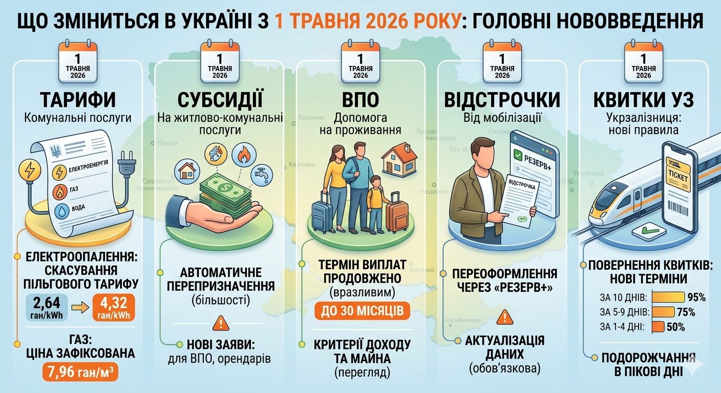 Що зміниться в Україні з 1 травня 2026 року: тарифи, субсидії, ВПО, відстрочки та квитки УЗ